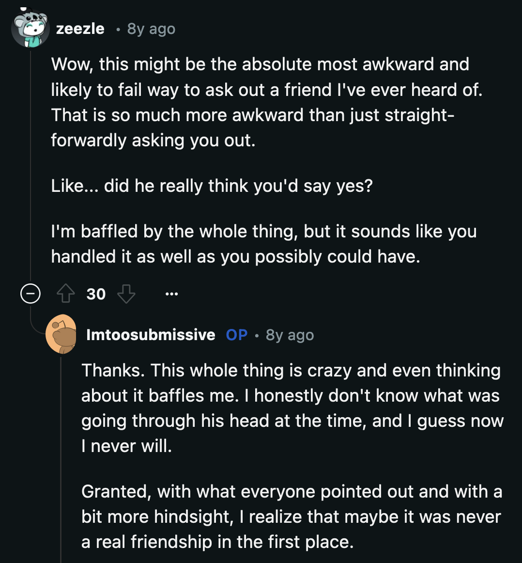 It was questionable that he rushed into a relationship with OP only after he found out she tended to be submissive in relationships.