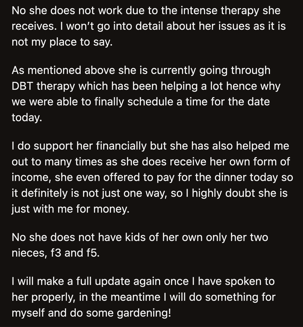 She shared a few more details about their dynamic and promised she would post another update after she talked to her girlfriend.