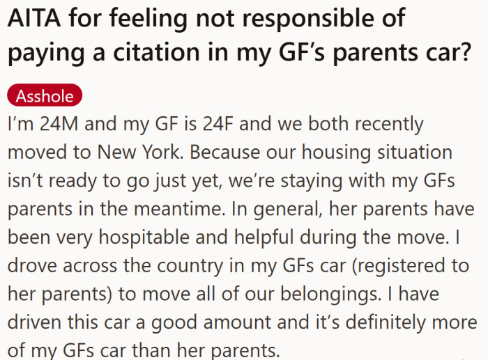 A 24-year-old man moving cross-country with his girlfriend found himself in an awkward spot after borrowing her parents’ car.