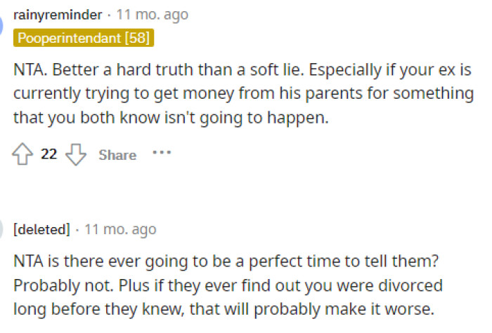 All of us can agree that telling the in-laws what's going on is the right move here because they deserve to know, and OP deserves not to have to pretend.