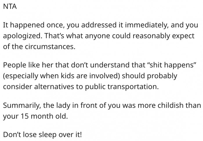 The passenger is more childish than her 15-month-old daughter.