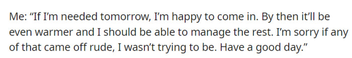 OP then offered to come in the next day and apologized if their previous response seemed rude, ending with a polite farewell.