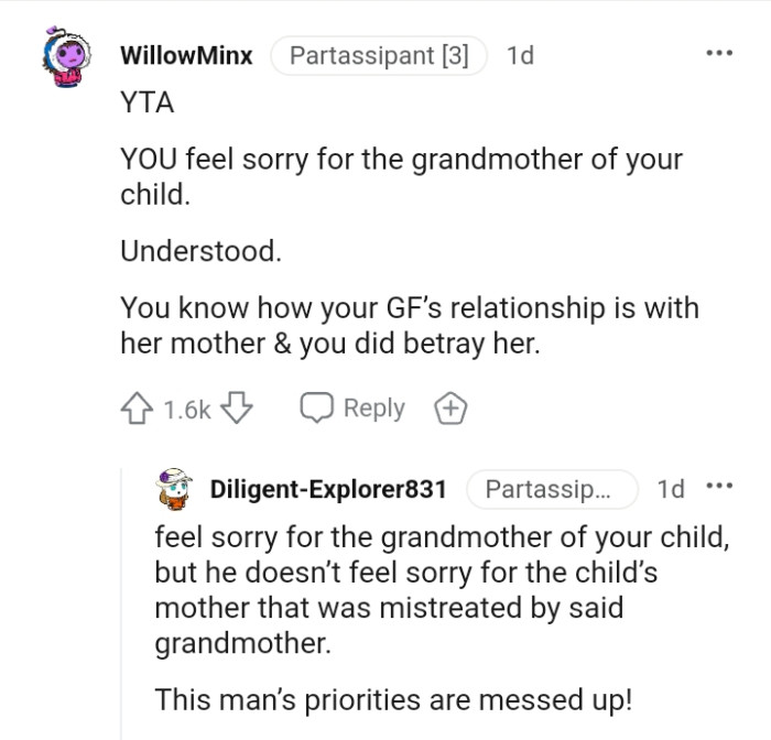 The OP feels sorry for the grandmother of his child