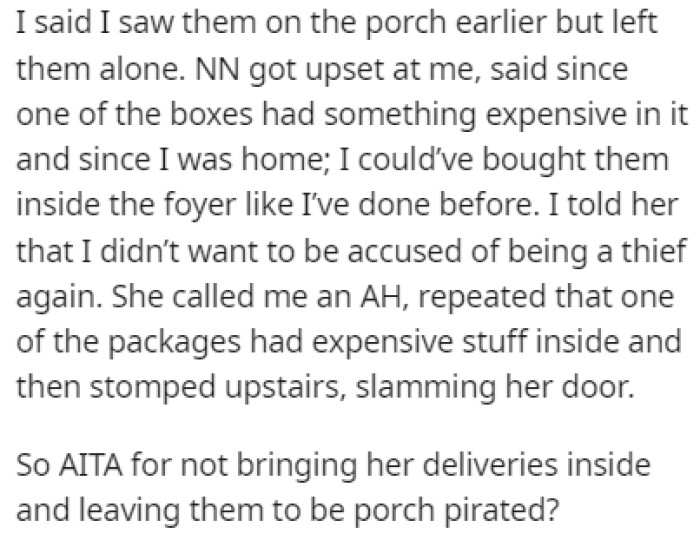 The neighbor came home and she was furious that OP didn't bring her packages inside