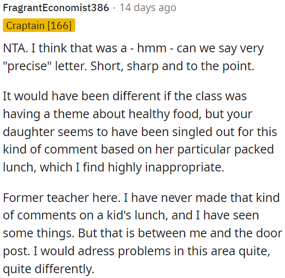It seems unfair to single out OP's daughter for her packed lunch, especially if the class wasn't focusing on healthy eating.