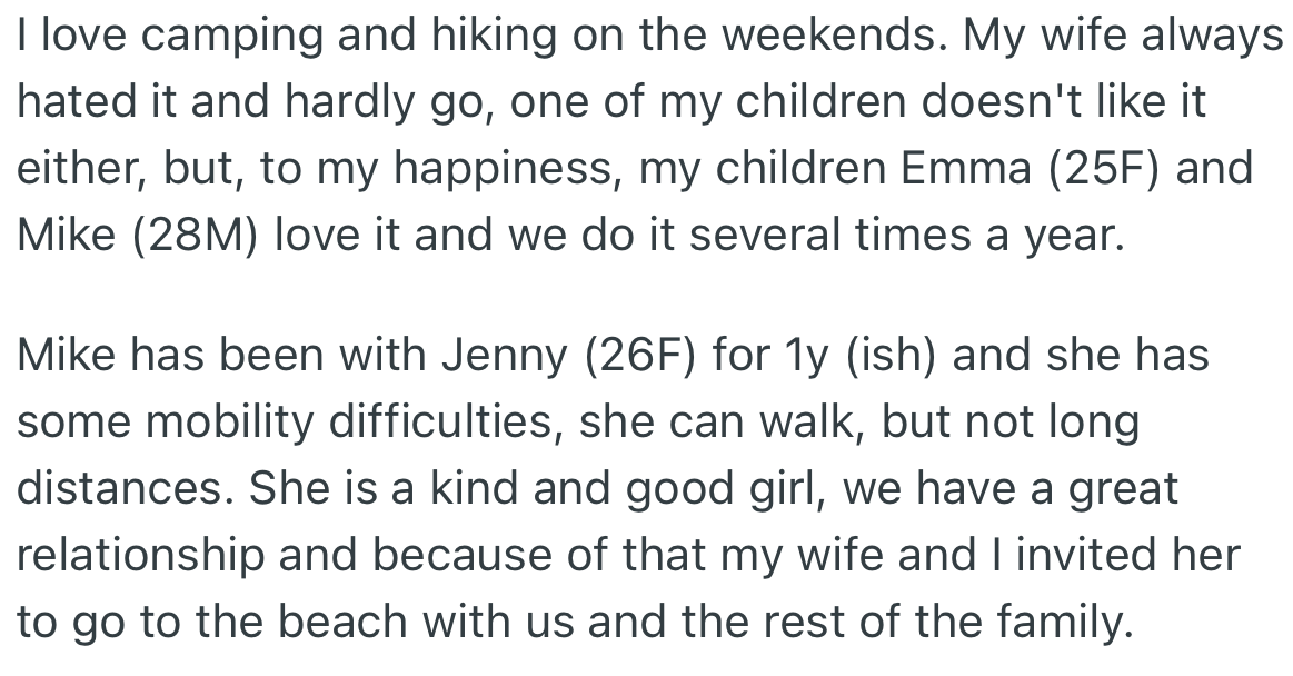 OP loves to camp and hike with two of his kids, Emma and Mike. However, Mike’s girlfriend (Jenny), who loves to go with them, has mobility issues.