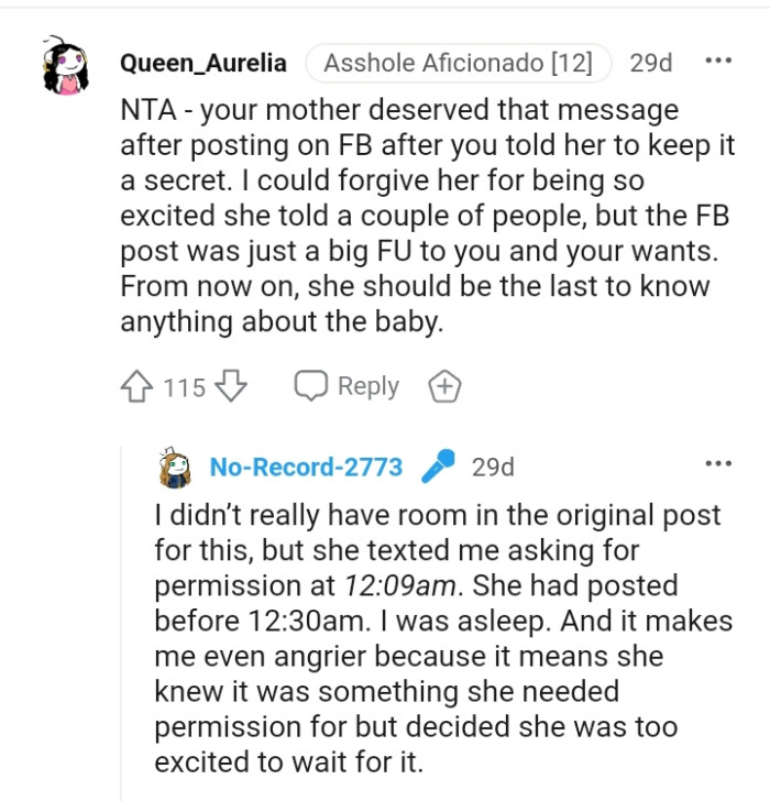 OP's mom should be the last person to know anything about the baby