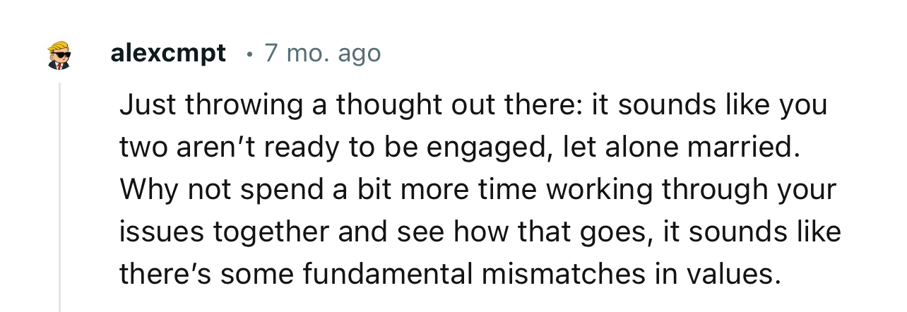 “Why not spend a bit more time working through your issues together and see how that goes.”