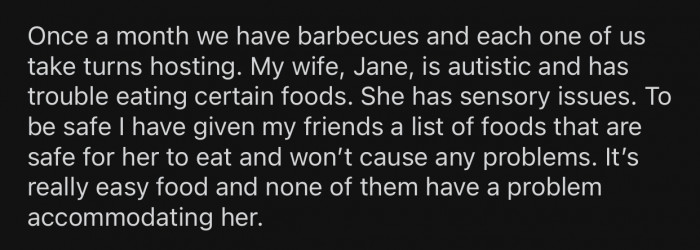 OP's wife, Jane, is autistic and only consumes certain foods.