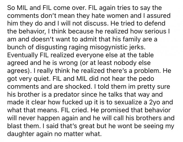 So, OP's FIL and MIL came over to talk, and more non-genuine apologies ensued.