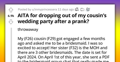 Redditor Asks If She's An A**hole For Dropping Out Of Cousin's Wedding After She Took April Fools Prank The Wrong Way