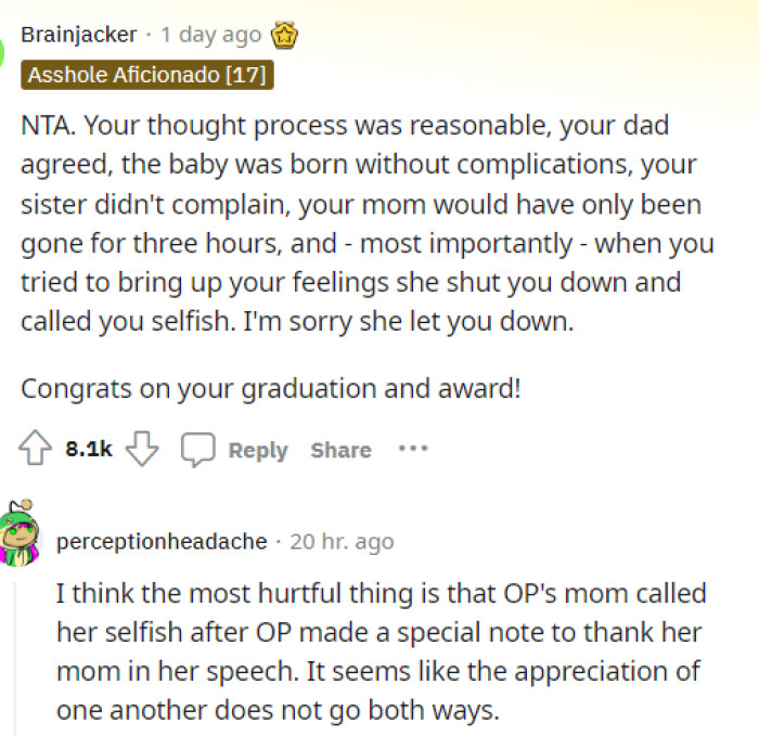 This person laid out everything and explained why she should have been upset about this, asserting that her feelings were reasonable and valid.