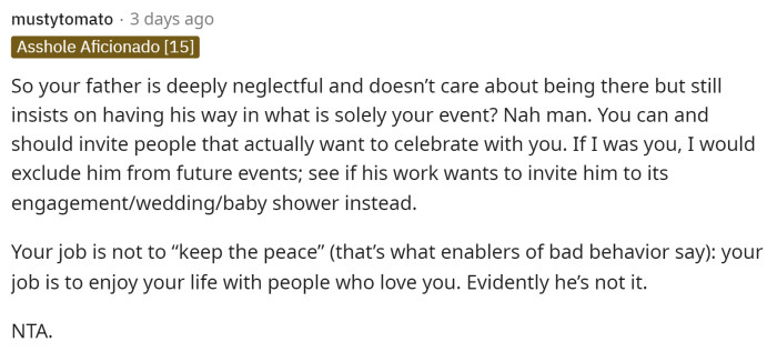 People immediately came into the comments to agree with OP, and they criticized her father heavily for being obviously neglectful.