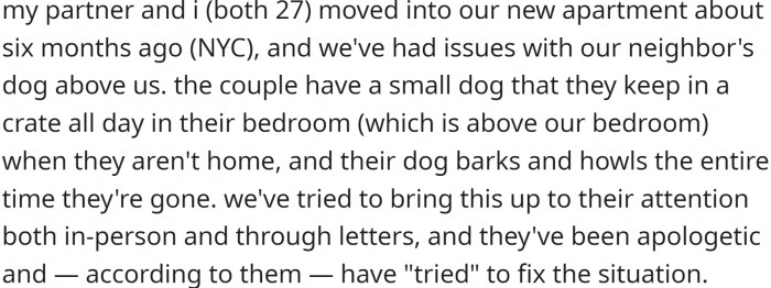 OP and their partner moved into an apartment building in NYC, and they have a problem with their upstairs neighbors. Namely, their dog barks all day long when they are not there.