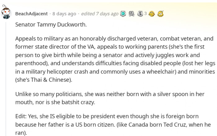 Senator Tammy Duckworth looks like a good candidate, don't you think?
