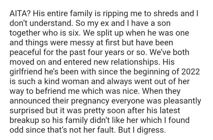 The OP doesn't understand why her ex's entire family is ripping her to shreds