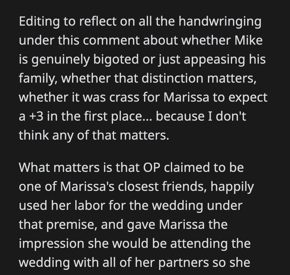 OP needs to ask herself how she so easily set Marissa aside after one conversation with her fiancé