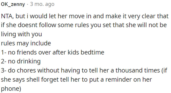 OP Has to Consider Letting Her Move In, but with Clear Rules