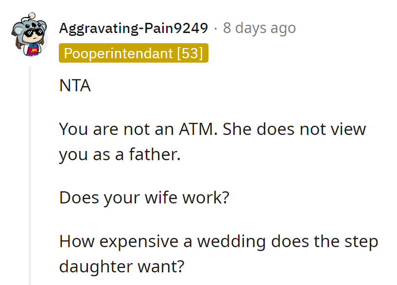 ATM denial, dad rejection. Time for a budget reality check: Wife's job status vs. stepdaughter's wedding dreams.