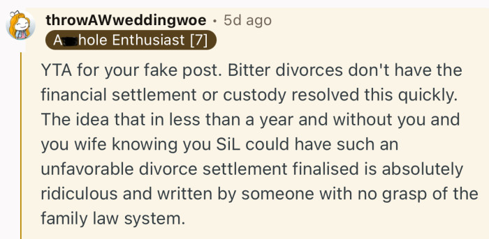 “Bitter divorces don't have the financial settlement or custody resolved this quickly.”