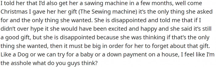 To ensure his secret was safe, OP enlisted his and his wife's sister to tell her that the gift she was getting was better than a sewing machine and that she would love it. The present opening was a disaster.