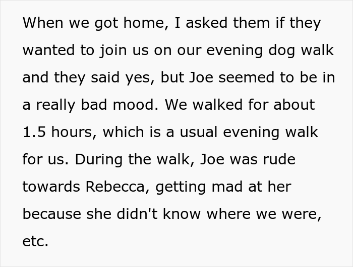 Later that night, our OP and her husband invited Rebecca and Joe to join them on their evening dog walk.