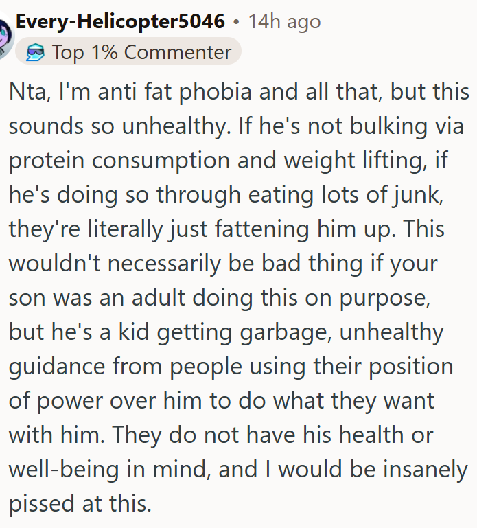 'Bulking' habits pushed on the teenage son by the coach and dad are unhealthy.