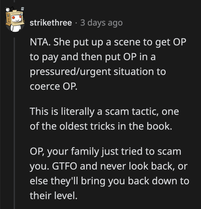 The only plan they had was to manipulate OP into paying for the grocery