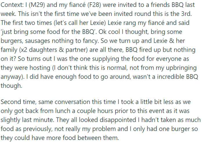 OP and Their Fiancée Were Repeatedly Invited to a Friend's BBQ, with the Expectation That They Bring All the Food