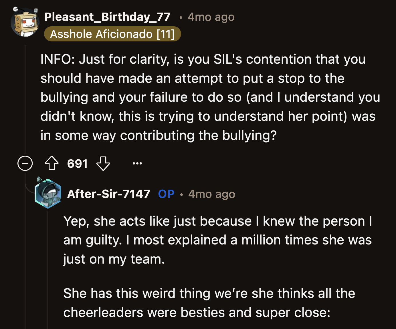 OP said her sister-in-law believes the stereotype that all cheerleaders are best friends.