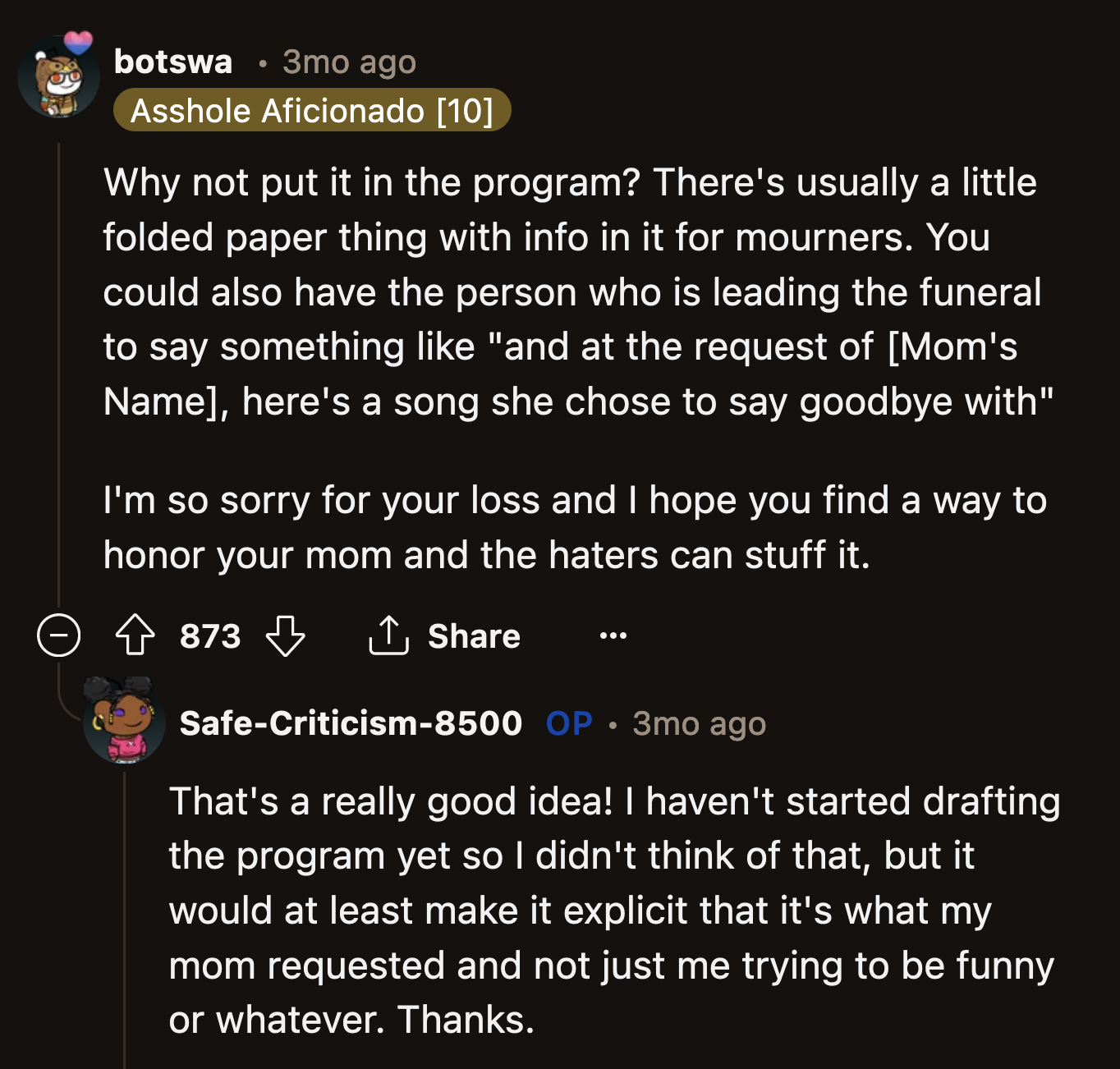 OP could include a short explanation of the song choice in the programs they give to guests if they don't want them to think they took their mom's death lightly.