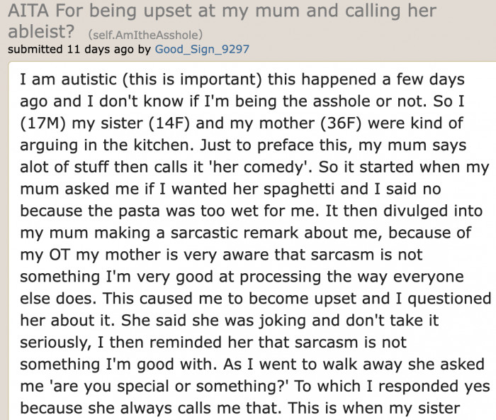 An autistic teenager shares how he got into a fight with his mom.