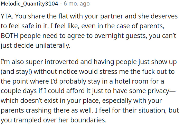 In a shared flat, it's crucial for both partners to feel safe and respected.