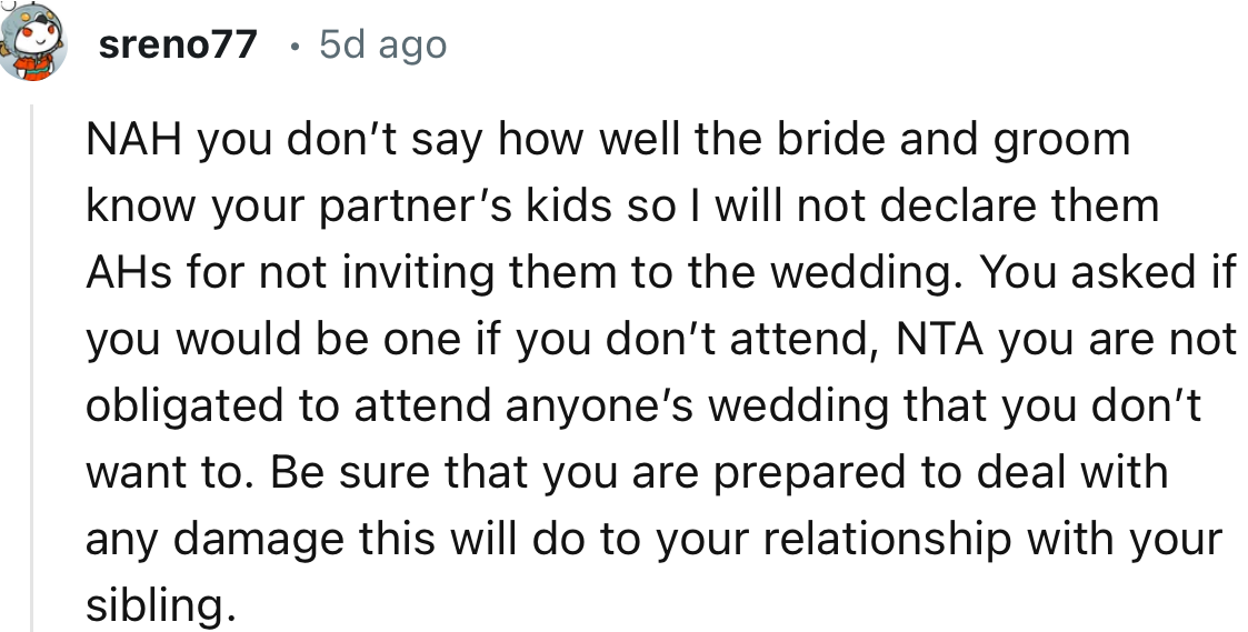 “You Don’t Say How Well the Bride and Groom Know Your Partner’s Kids, So I Will Not Declare Them AHs for Not Inviting Them to the Wedding.”