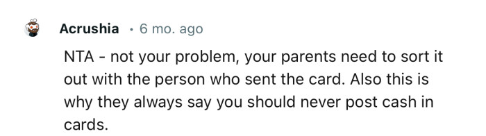 “NTA - Not Your Problem, Your Parents Need to Sort It Out with the Person Who Sent the Card.”