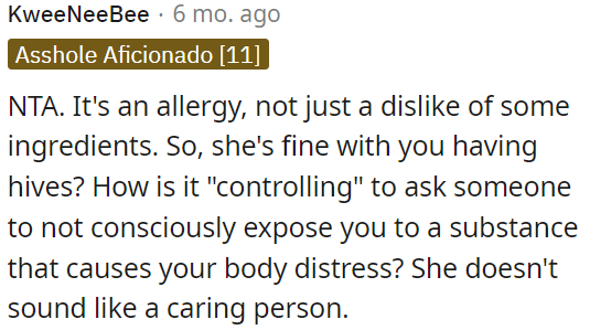 It's reasonable for OP to ask her not to expose him to allergens.