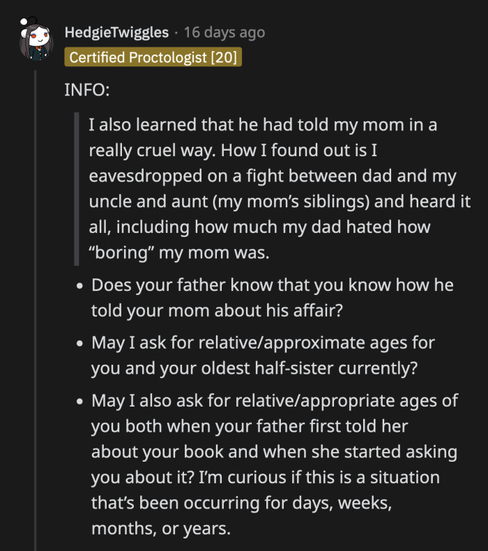 A Redditor asked OP to provide additional information to add more context to her story