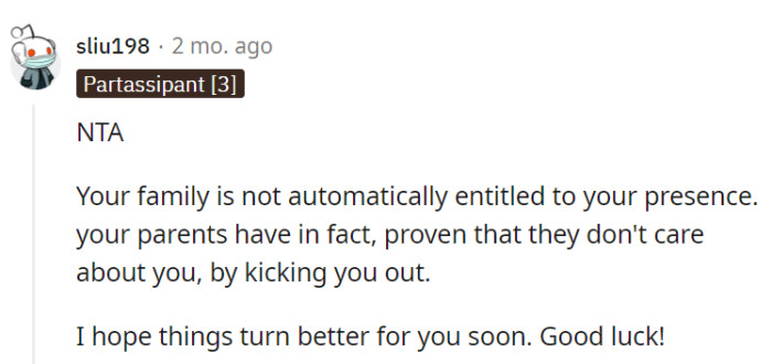 OP's family shouldn't expect automatic presence after kicking them out!