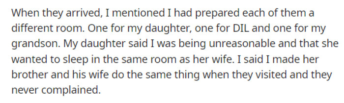 This is when OP said that she made each of them a separate room and is expecting her daughter and her wife to sleep in different bedrooms.