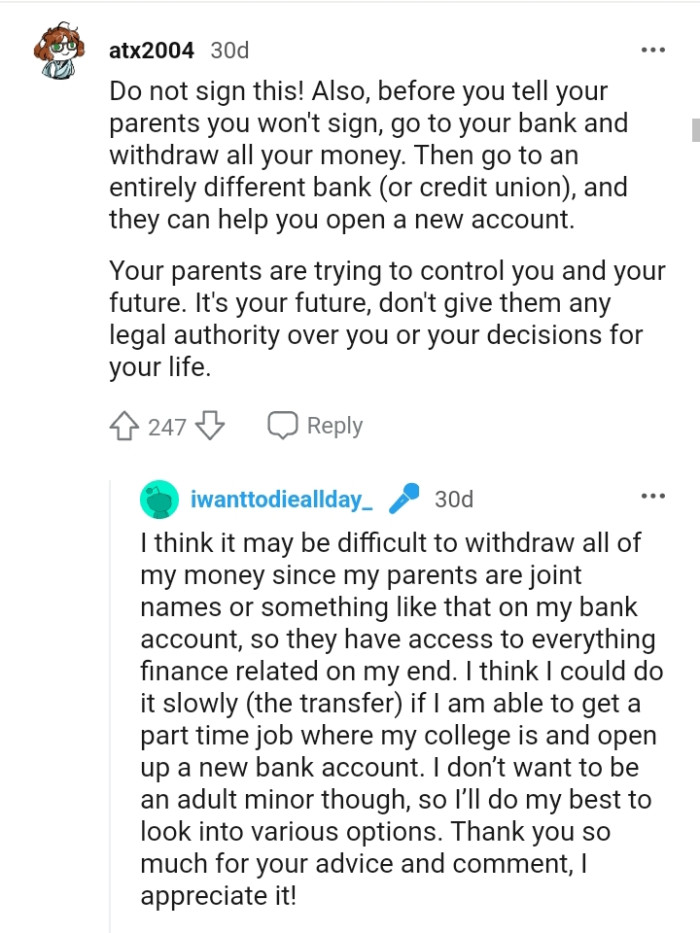 OP's parents are trying to control her and her future