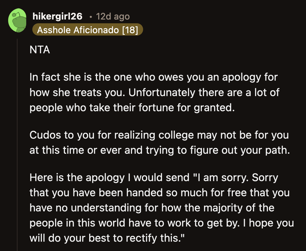 Liza should feel ashamed for picking on a teenager for choosing a path that made the most sense to her.