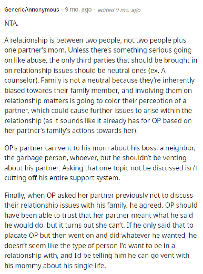 People were also fully on her side and expressed how inappropriate it was that he was telling her everything like this, as it was clearly going to cause personal conflict; it's inevitable.