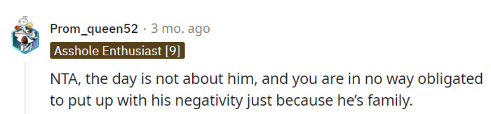 Weddings are for celebrating love, not tolerating negativity, even if it comes in the form of family.