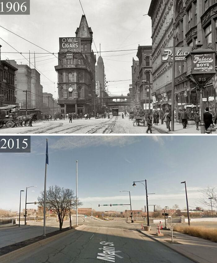 "Main & Delaware St, Kansas City, Mo (1906 vs. 2015)"