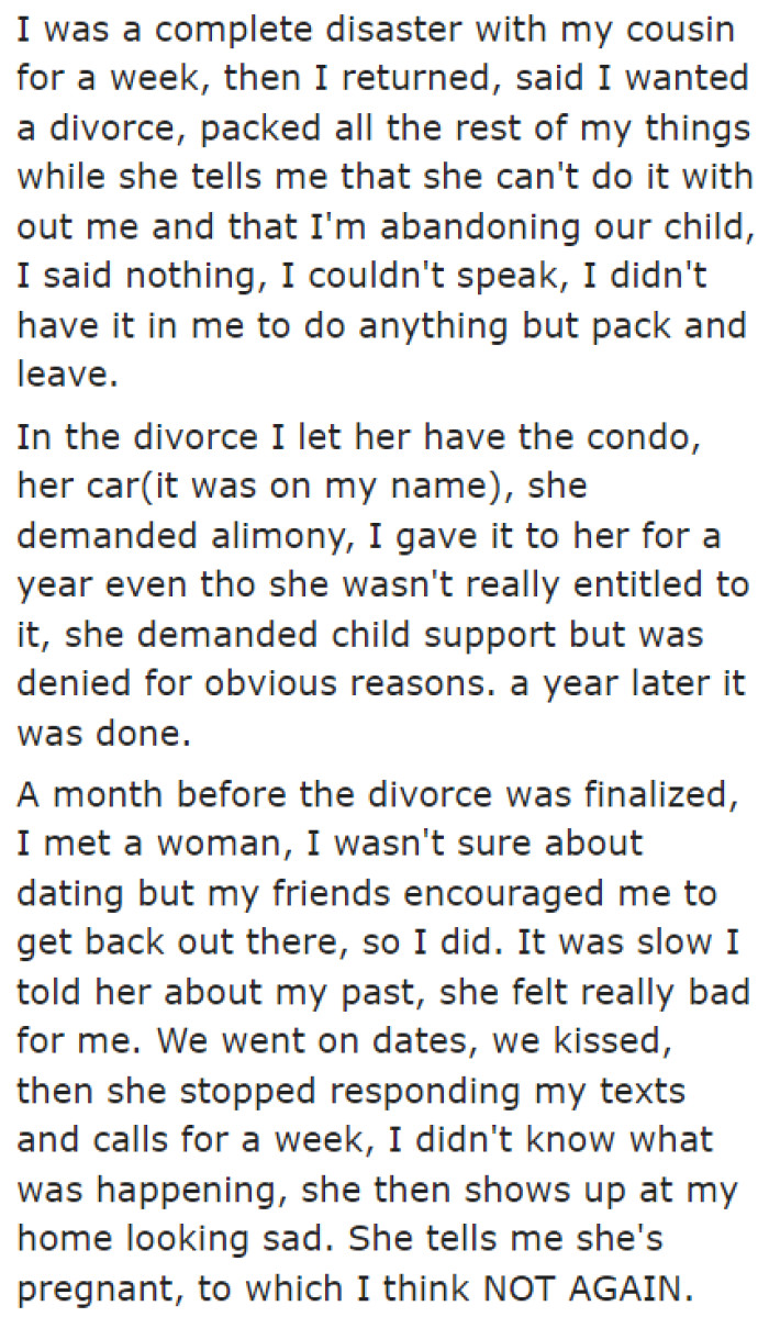 The two got divorced. Soon, the OP found someone new.