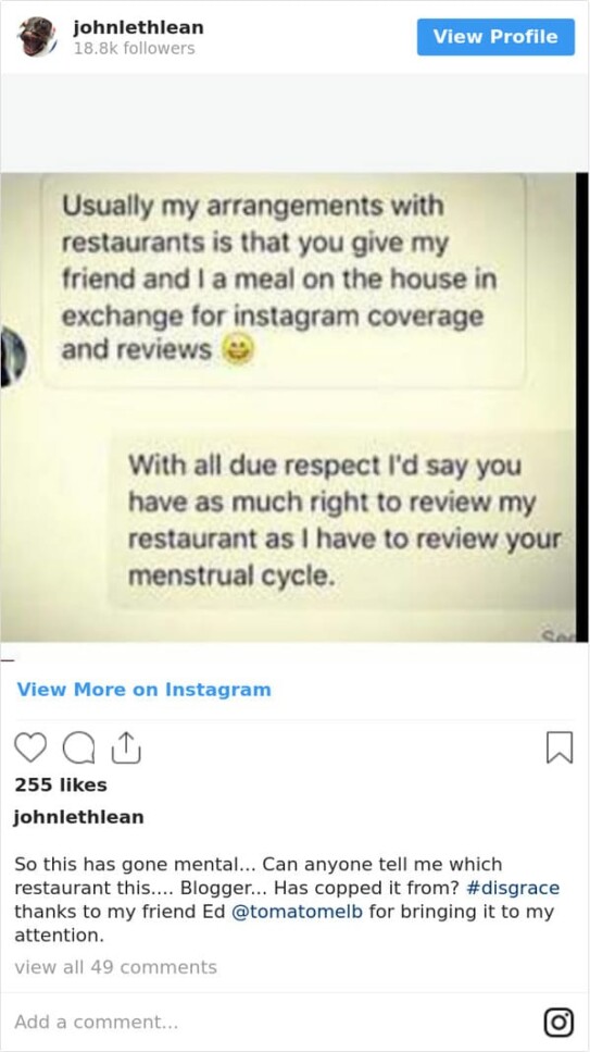 20. Restaurant disputes influencer's right to review.
