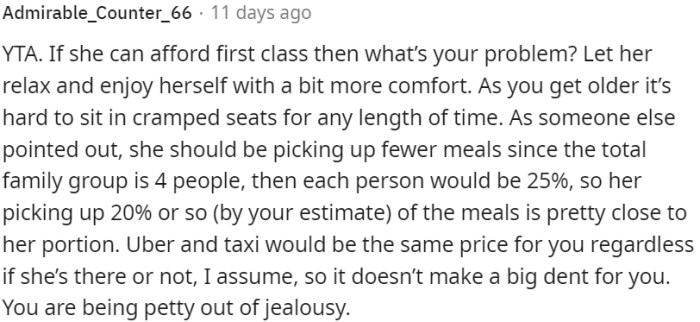 OP should let her enjoy the comfort of first class if she can afford it
