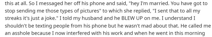 She stated that after seeing the post she received, she replied from her husband's phone and informed the woman that it was inappropriate to send such messages to a married man.
