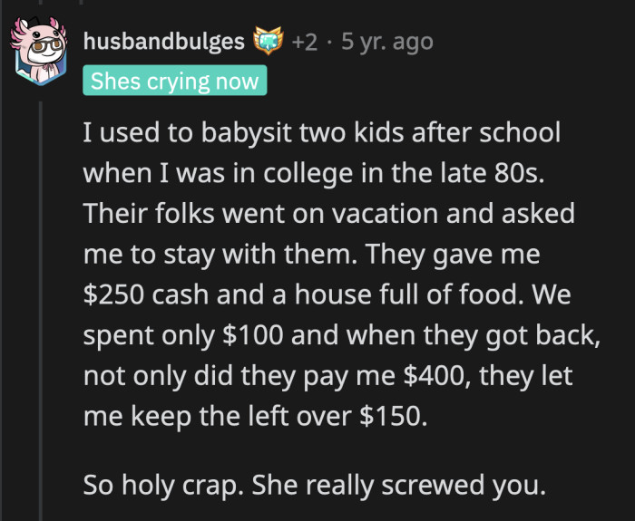 $60 for four children with numerous after-school activities is outrageous. The aunt knew what she was doing.