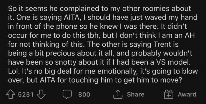 OP was unsure whether she was in the wrong for touching her roommate, so she decided to ask the Reddit community.
